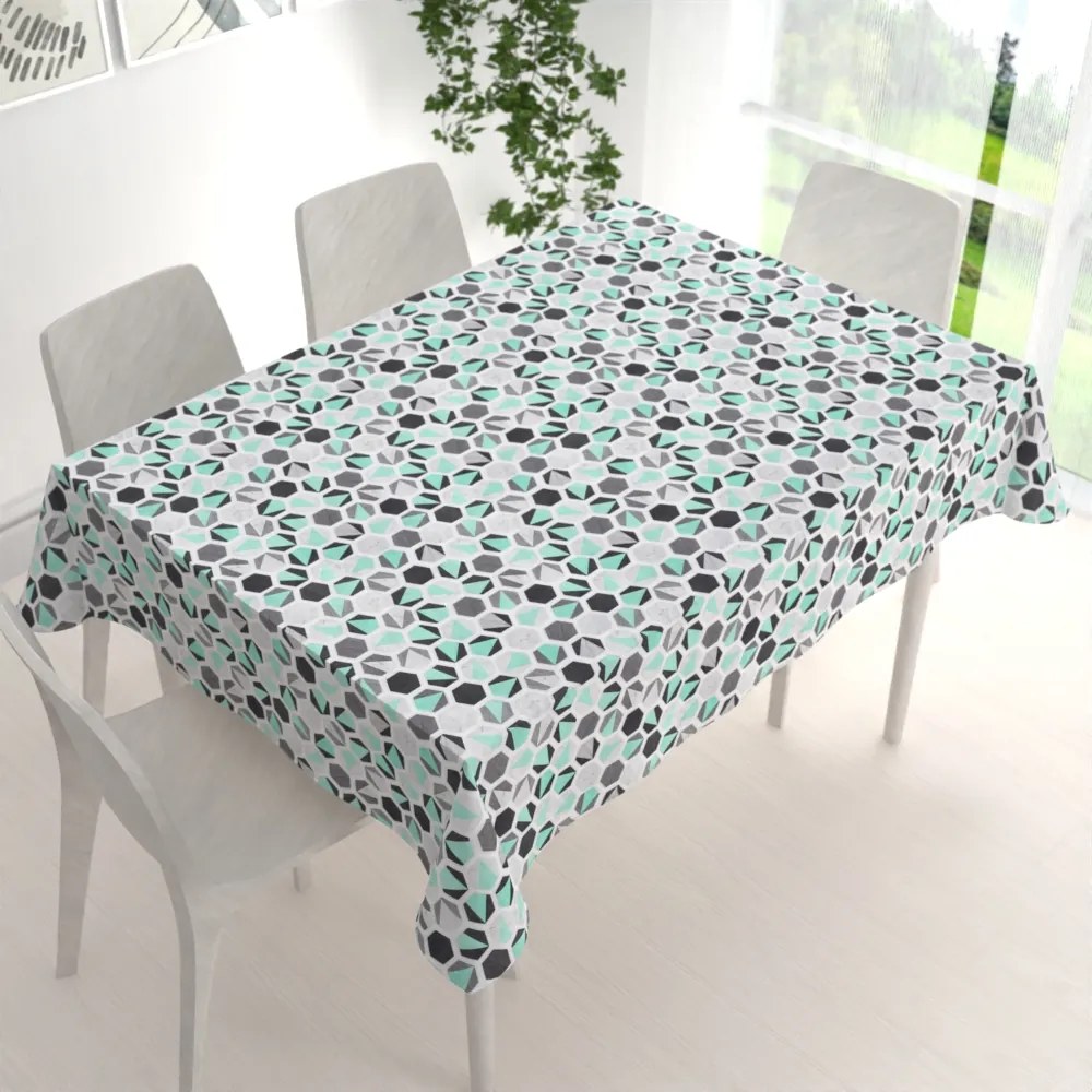 Biante Dekoračný obdĺžnikový obrus Leona LN-032 Tyrkysovo-sivé hexagóny 130x220 cm