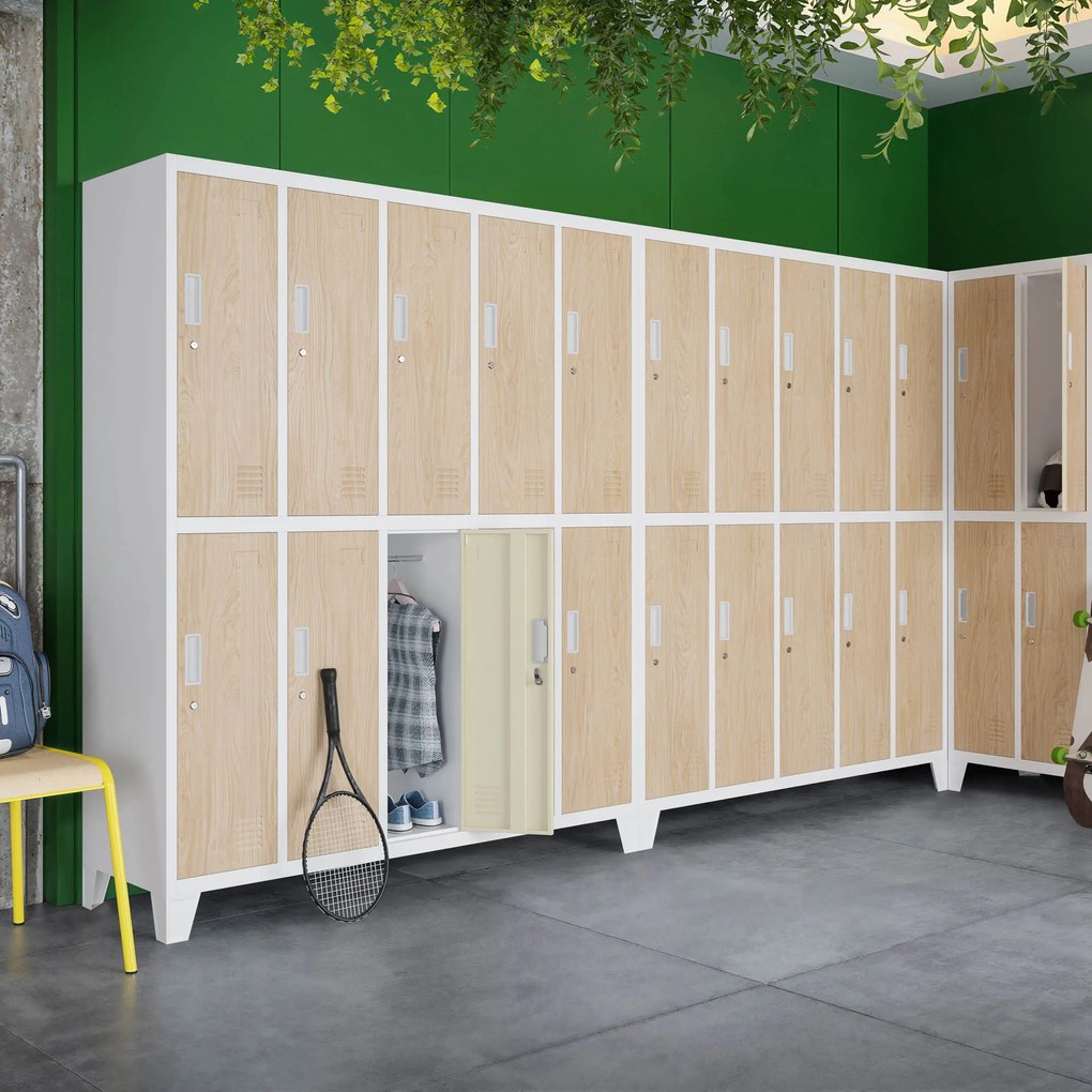 Kovová šatňová boxová skriňa na nôžkach s 10 boxami BARTEK, 1360 x 1720 x 450 mm, Eco Design: biela/ dub sonoma