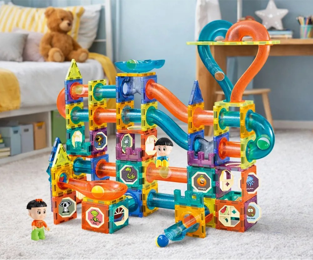 LEAN Toys Sada magnetických blokov guľôčková dráha šmykľavka farebná 188 ks