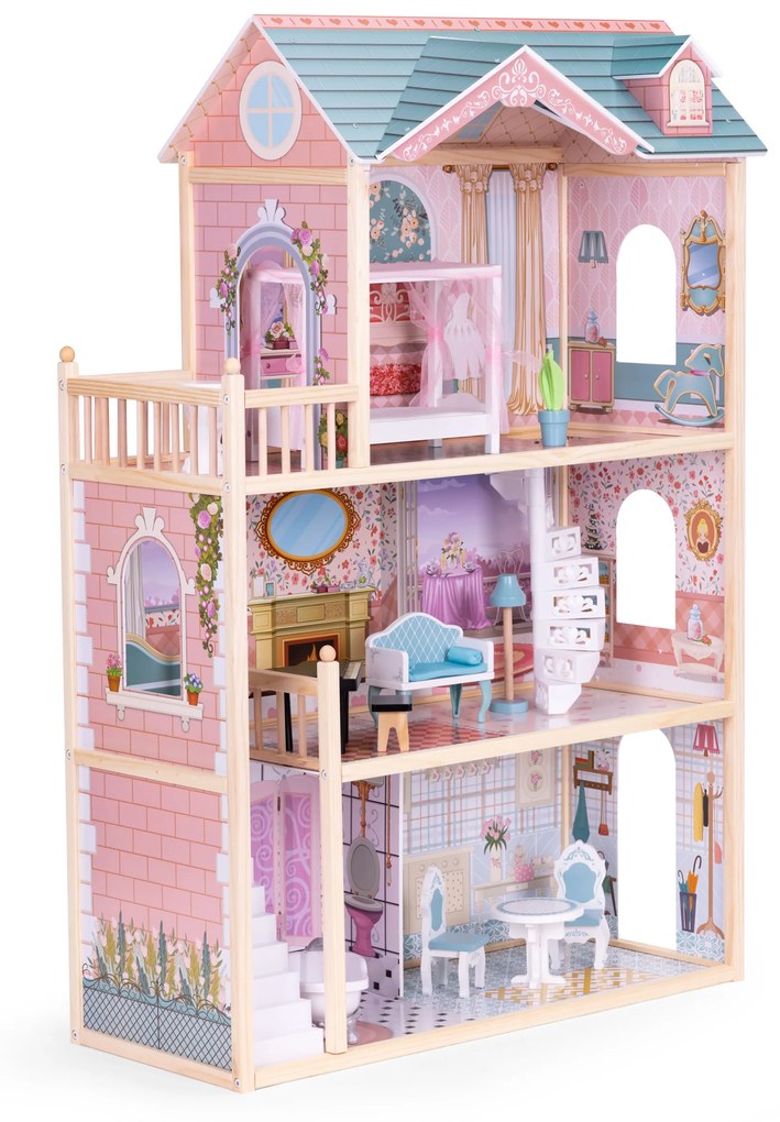 Veľký drevený domček pre bábiky, 3 poschodia, 11 kusov nábytku, ECOTOYS