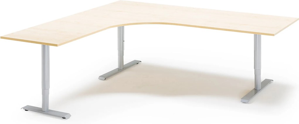 Výškovo nastaviteľný stôl Adeptus, ľavý, 2000x2000 mm, laminát breza/šedá