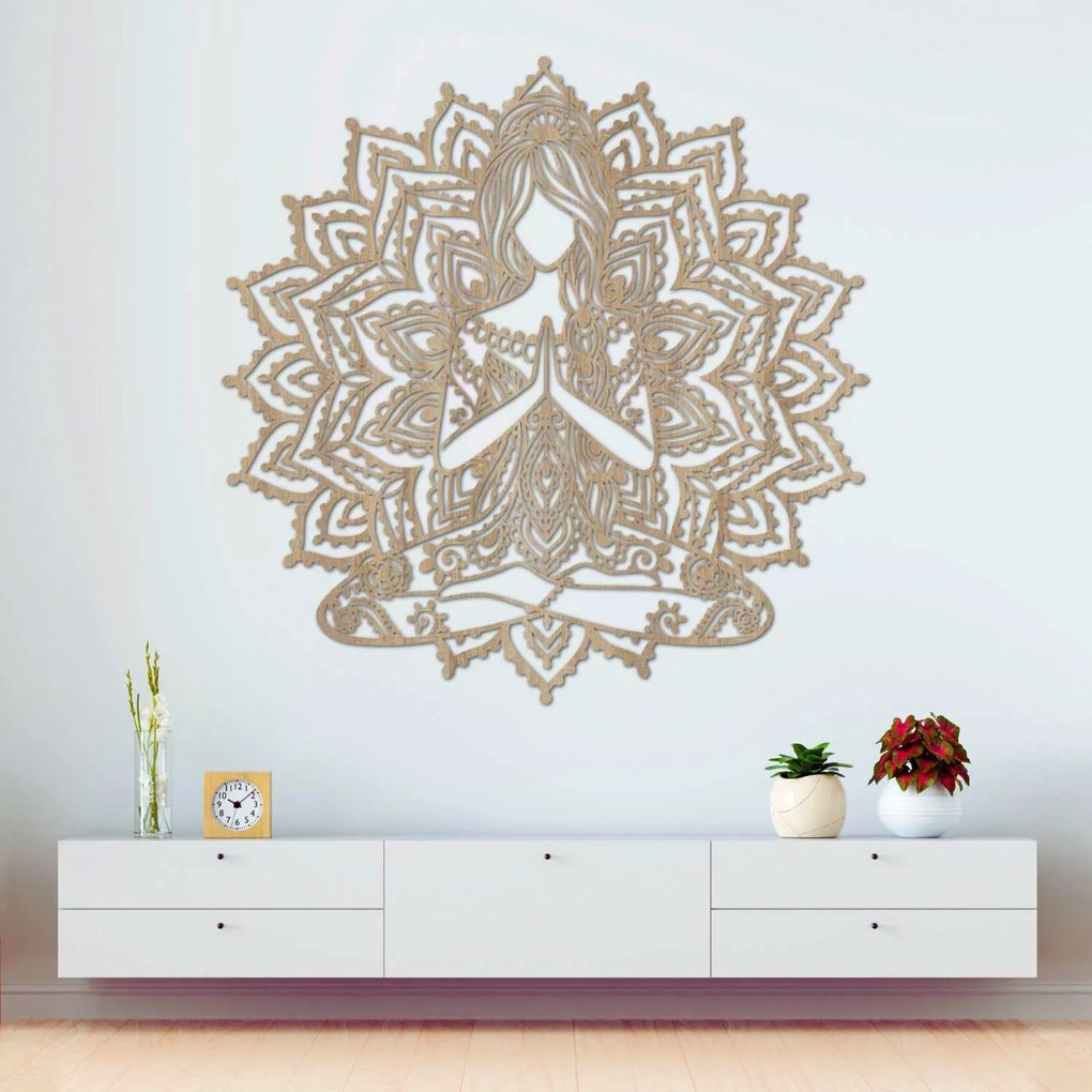 SENTOP | Drevená mandala joga žena – moderný 3D obraz na stenu do obývačk | SENTOP HDF0511