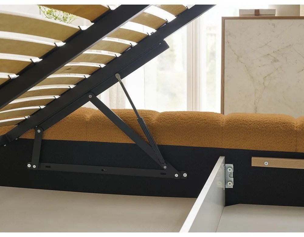 Čalúnená dvojlôžková posteľ s úložným priestorom s roštom 180x200 cm v horčicovej farbe Mont Blanc – Bobochic Paris