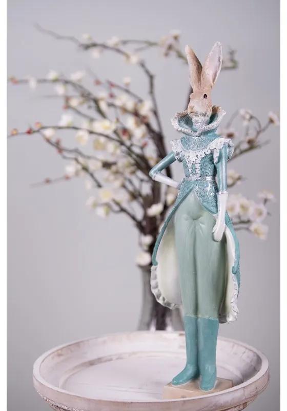 Veľkonočné dekorácie socha zajac v tyrkysovom obleku - 14*10*44 cm