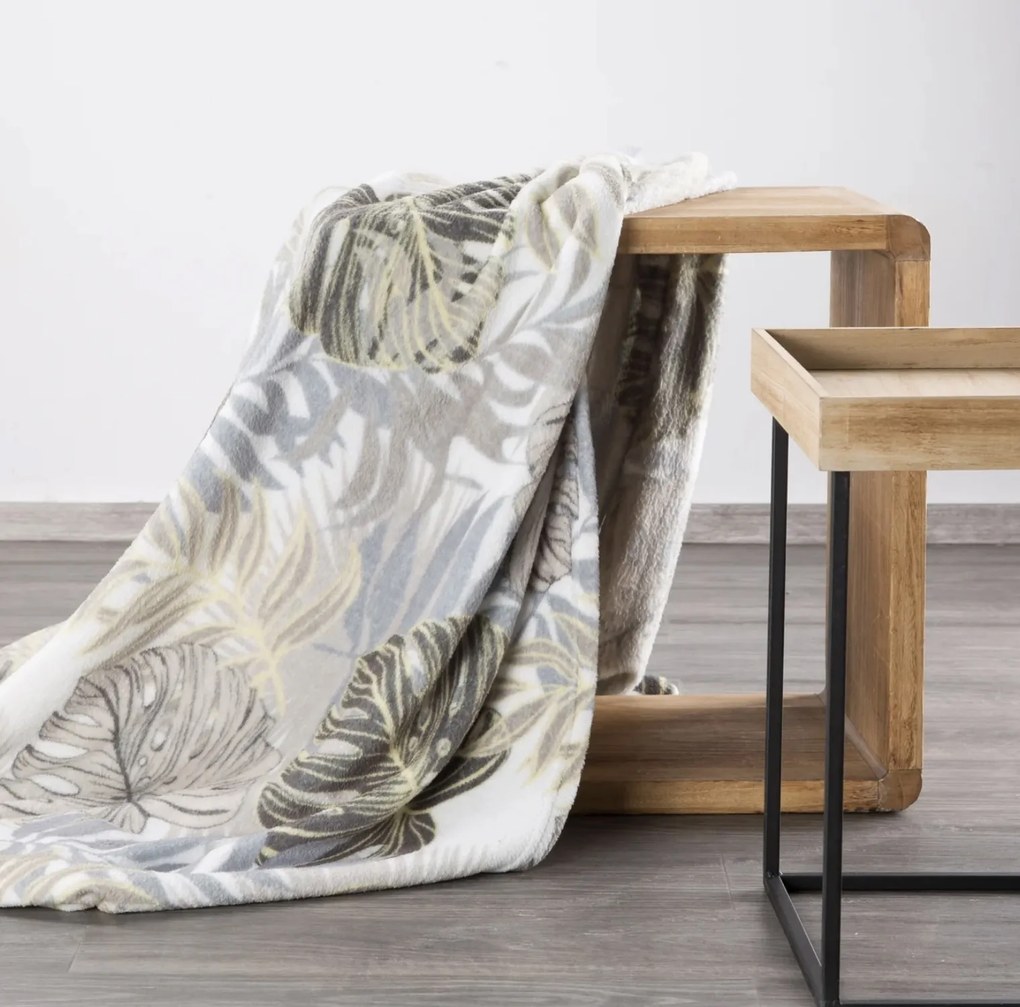 Deka Korfu s botanickým vzorom – béžové listy na bielom podklade, 150x200 cm