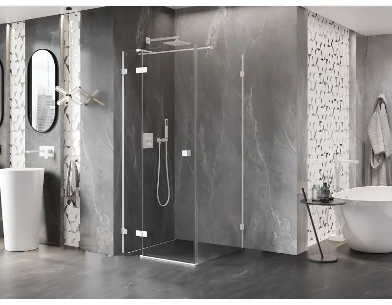 Mexen Lunar T, sklápací sprchový kút ľavý 110 x 110 cm, 8mm číre sklo, biely profil, 834T-110-110-20-00-L