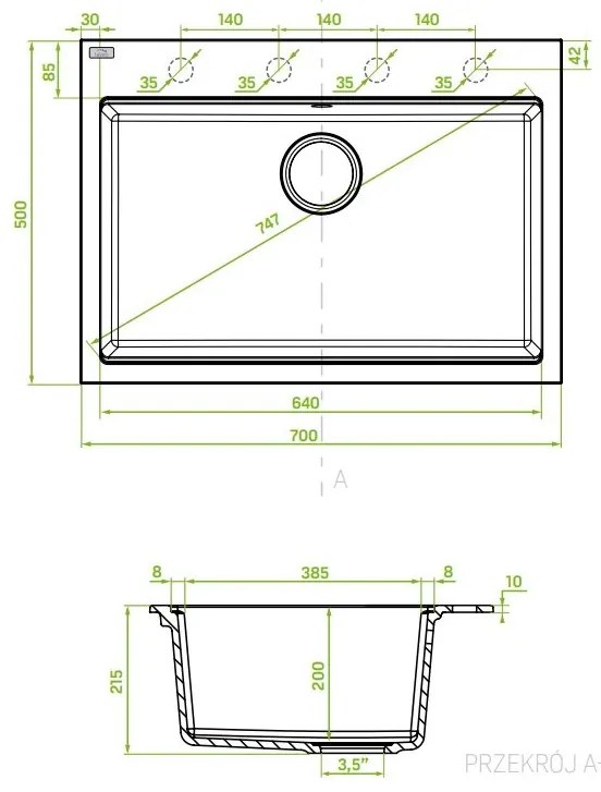 Laveo Tau, 1-komorový granitový drez 700x500x215 mm, čierna, LAV-SBT_B107
