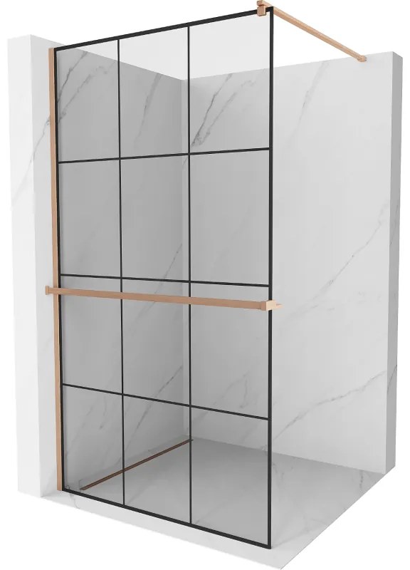 Mexen Kioto+, sprchová zástena Walk-In s poličkou a vešiakom 100 x 200 cm, 8mm číre sklo čierny vzor, medený matný profil, 800-100-121-65-77