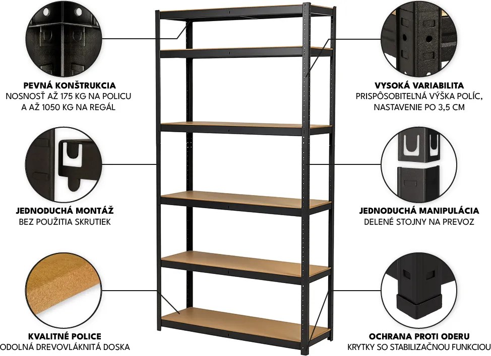 Regál 220x100x60 cm lakovaný 6-policový, nosnosť 1050 kg - čierny