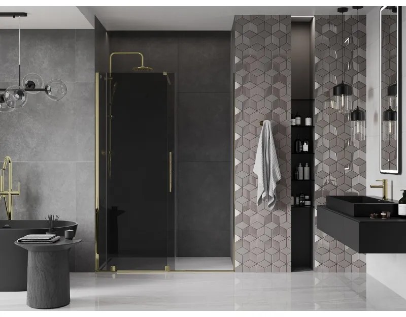 Mexen Velar, posuvné sprchové dvere do otvoru 140 cm, 8mm šedé sklo, zlatá lesklá, 871-140-000-41-50