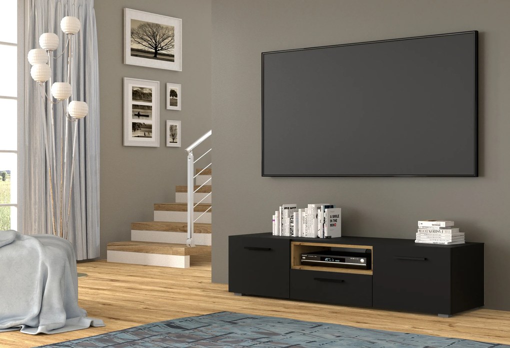 TV stolík/skrinka Akita 151 (čierna + dub artisan). Akcia -18%. Vlastná spoľahlivá doprava až k Vám domov. 1124862