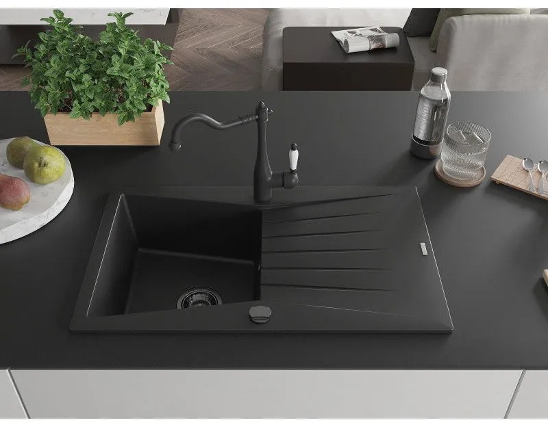 Mexen Cesar, 1-komorový granitový drez 775x470x190 mm a drezová batéria Carla, čierna, 6514-77-670700-70-B