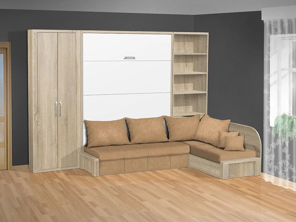 Nabytekmorava Sklápacia posteľ s rohovou pohovkou VS 3075P - 200x160 cm + policová skriňa 80 nosnost postele: štandardná nosnosť, farba lamina: dub sonoma/biele dvere, farba pohovky: nubuk 133 caramel