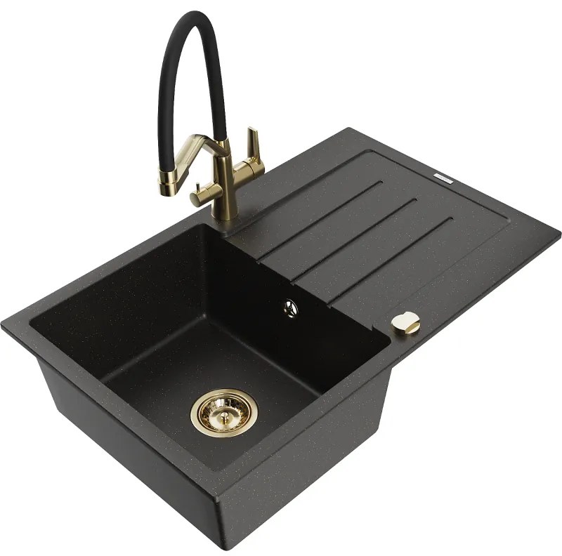 Mexen Bruno, 1-komorový granitový drez 795x495x200 mm a drezová batéria Duo, čierna-zlatá metalíza, 6513-75-671701-57-G