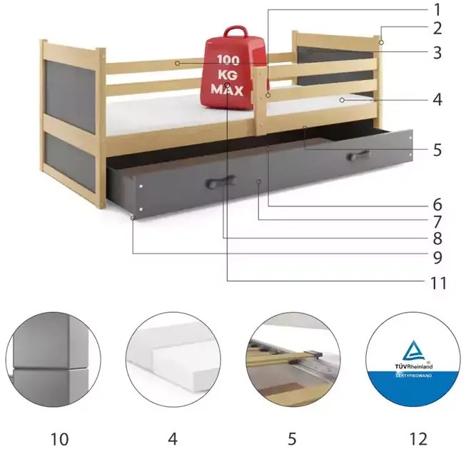 Detská posteľ RICO, viac farieb, Rozmer 80x190