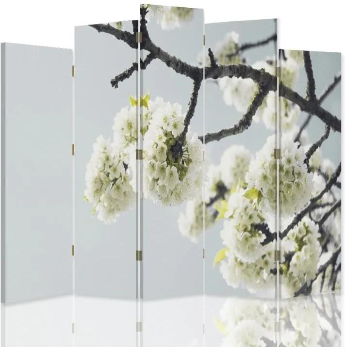 CARO Paraván - White Flowers On The Branch | päťdielny | obojstranný 180x180 cm