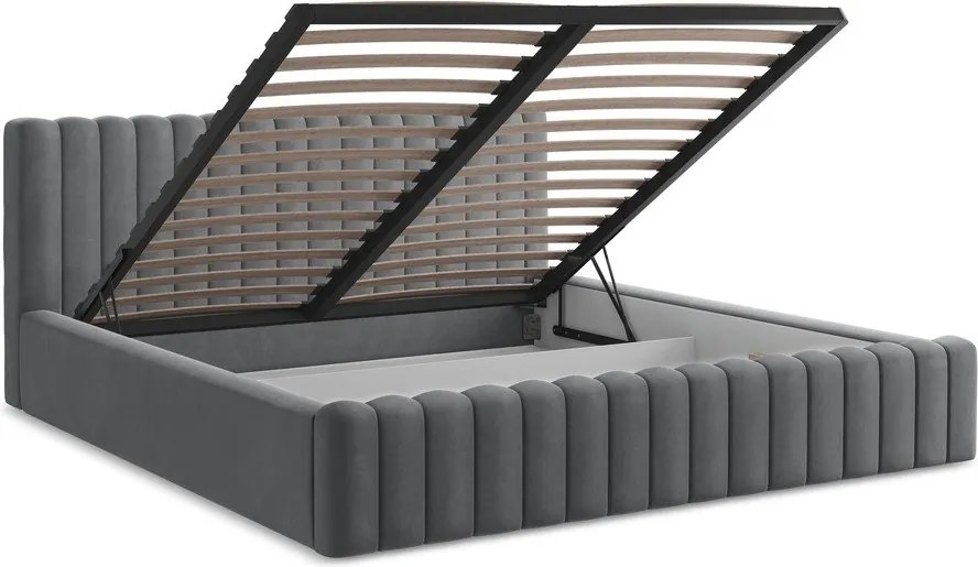Sivá čalúnená dvojlôžková posteľ s úložným priestorom s roštom 140x200 cm Lemi – Makamii