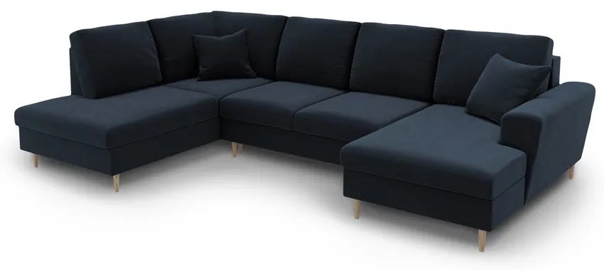 Tmavomodrá zamatová rozkladacia/s úložným priestorom rohová pohovka (ľavý roh/do "U") Kyoto – Cosmopolitan Design