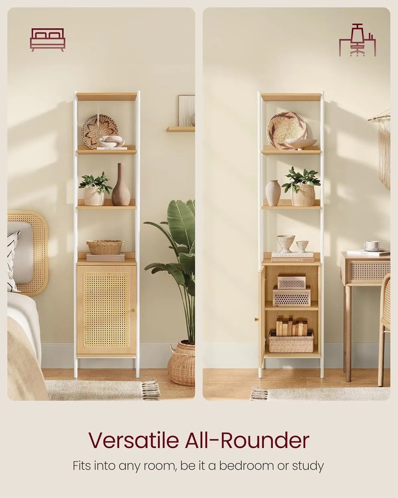 6-úrovňová knižnica, vysoká polica na knihy s dvierkami, farba dub a biela