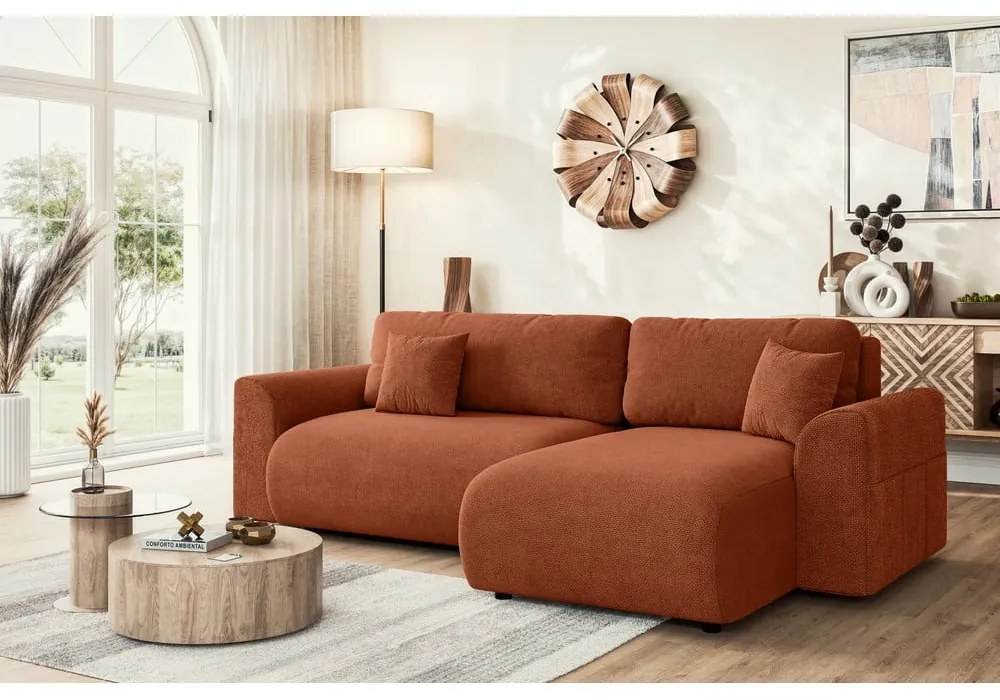 Rozkladacia rohová pohovka v tehlovooranžovej farbe (variabilná) Lorine – Ropez