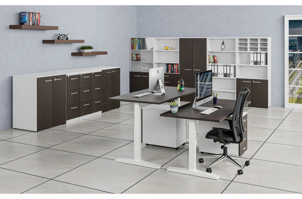 Úzka kancelárska skriňa PRIMO WHITE, 400 x 420 x 1781 mm, biela/wenge