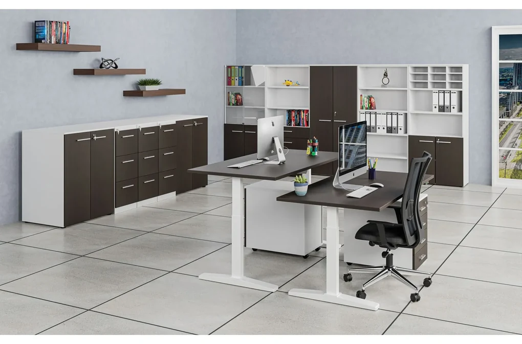 Úzka kancelárska skriňa PRIMO WHITE, 400 x 420 x 1781 mm, biela/wenge