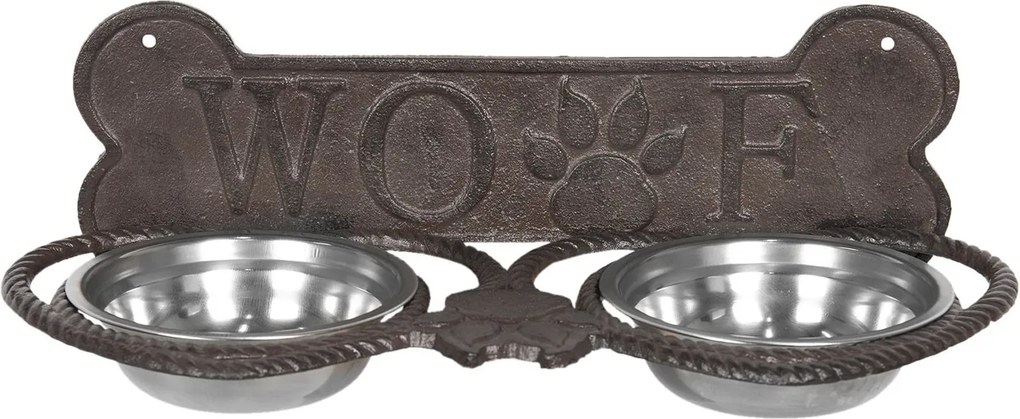 Misky pre psa v stojane s kosťou a nápisom Woof - 39*18*12 cm
