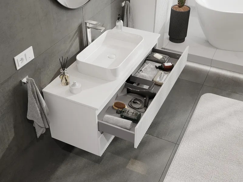 Mexen Rivel, kúpeľňová skrinka pod umývadlo 120 cm, 2 zásuvky, drážkovaná, biela matná, 91A20-12047-2-BFF01