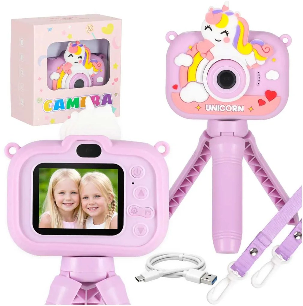 Detský digitálny fotoaparát KIK jednorožec 1080P so statívom, fialový