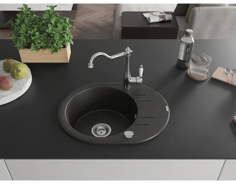 Mexen Kevin, drez granitový 586x458x190 mm, 1-komorový a drezová batéria Carla, čierna-zlatá metalíza, 6517-75-670700-00