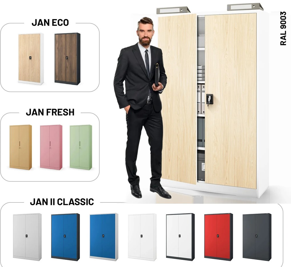 Kancelárska kovová skrinka na dokumenty JAN II, Eco Design: biela/dub sonoma