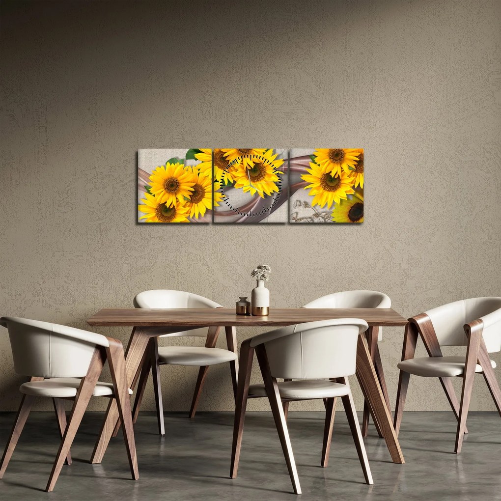 Obraz - Žiariace kvety slnečníc (s hodinami) (90x30 cm)