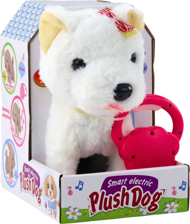 LEAN Toys Interaktívny pes s mašľami na vodítku chodí a šteká biely