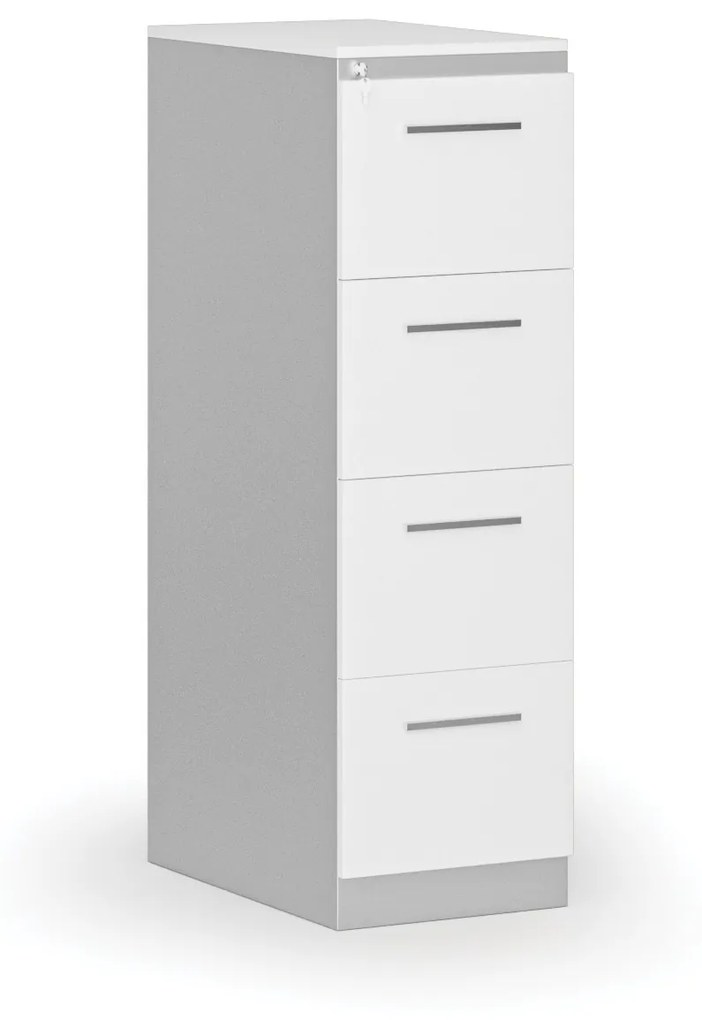 Kovová zásuvková kartotéka PRIMO s drevenými čelami A4, 4 zásuvky, sivá/biela