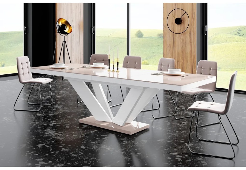 Luxusný rozkladací jedálenský stôl VIVA 2 LESK  cappucino vrch / biele nohy
