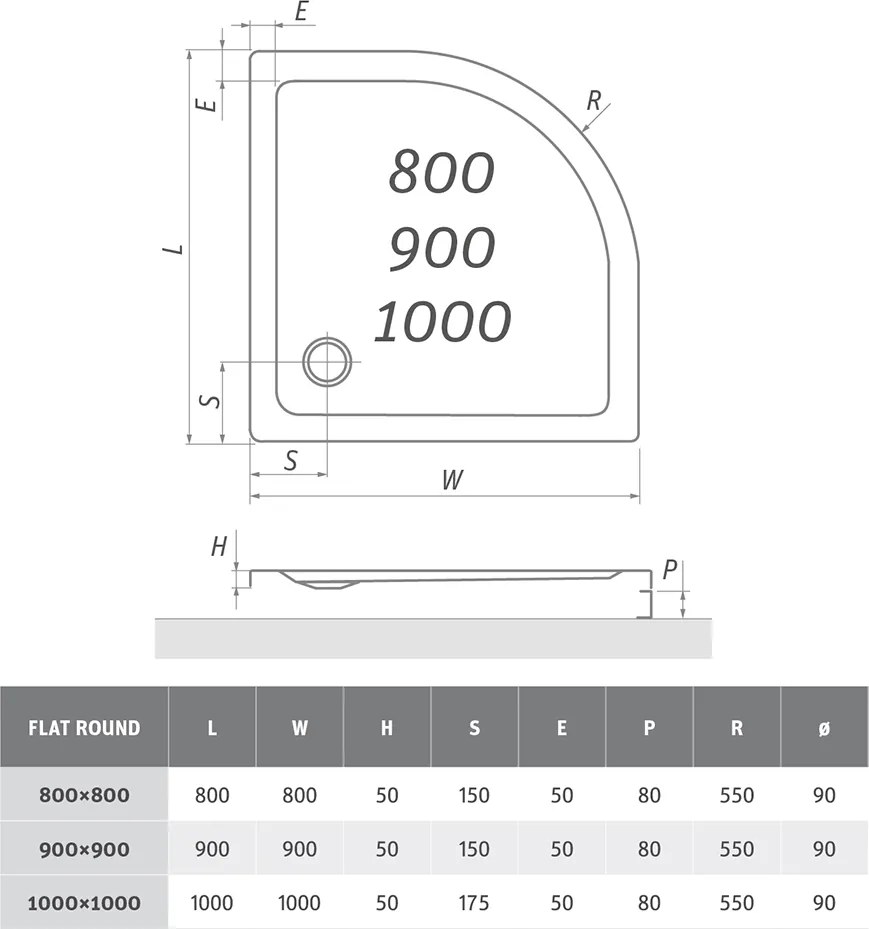 Roth Štvrťkruhová akrylátová sprchová vanička FLAT ROUND ROTH-Variant: rozmery: 90x90 cm - (FLAT ROUND 900 - 8000116)