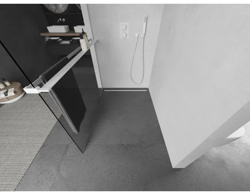 Mexen Kioto+, sprchová zástena Walk-In s poličkou a vešiakom 130 x 200 cm, 8mm číre sklo, biely profil, 800-130-121-20-00