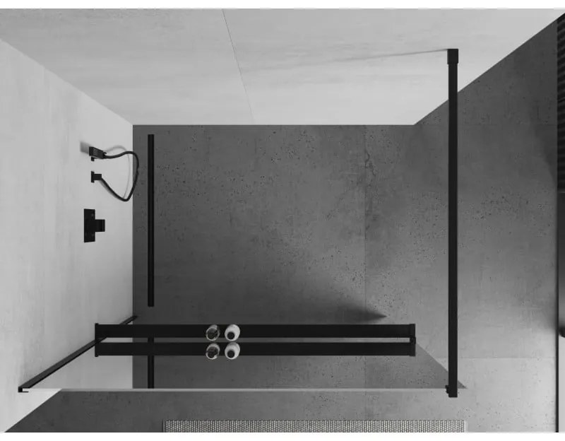 Mexen Kioto+, sprchová zástena s poličkou a držiakom na uteráky 120 x 200 cm, 8mm sklo vzor zrkadlo, čierny profil, 800-120-121-70-50