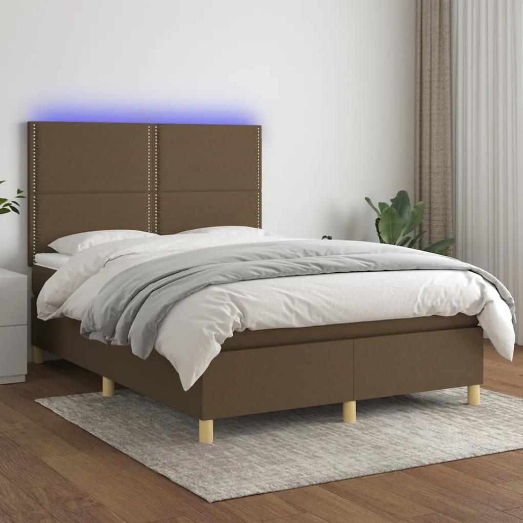 Posteľ boxsping s matracom a LED tmavohnedá 140x200 cm látka 3135360