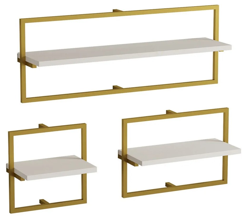 Súprava 3 ks nástenných políc Yeso biela/zlatá