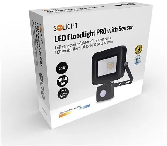 SOLIGHT LED reflektor PRO 20W/230V/1700Lm/5000K/120°/IP44, čierny so senzorom