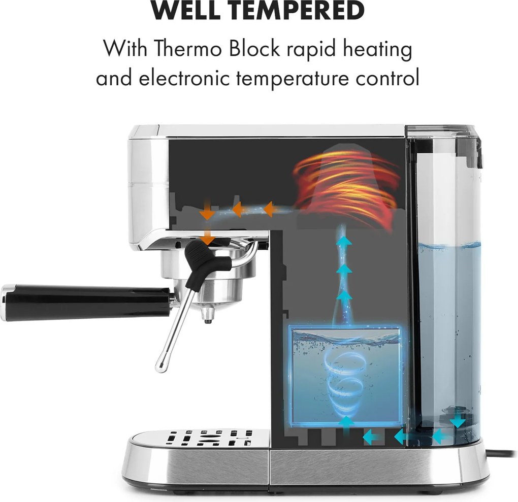 Klarstein Futura, pákový kávovar, 1450 W, 20 bar, 1,25 l, nehrdzavejúca oceľ