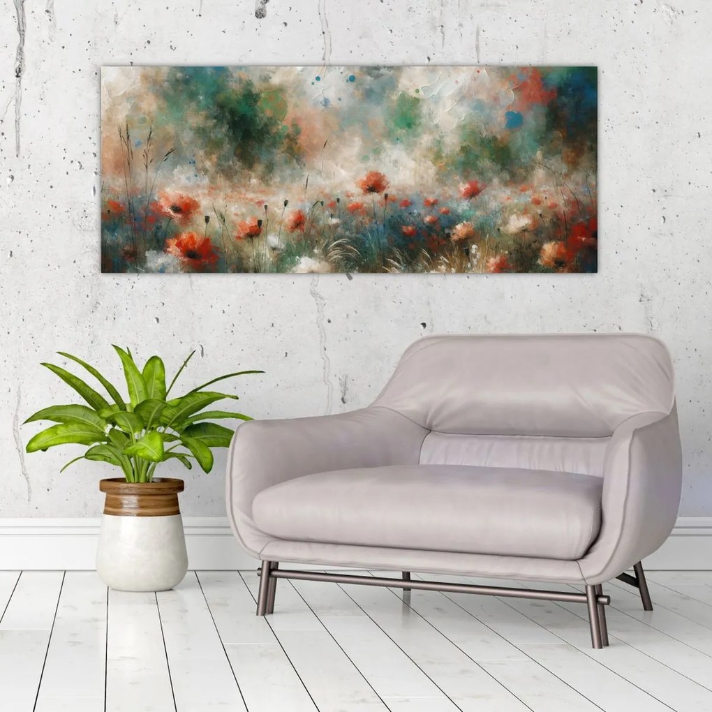 Obraz – Abstrakcia poľa s makmi (120x50 cm)