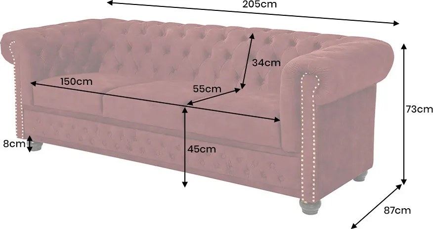 Dizajnová trojsedačka Chesterfield 205 cm červený zamat