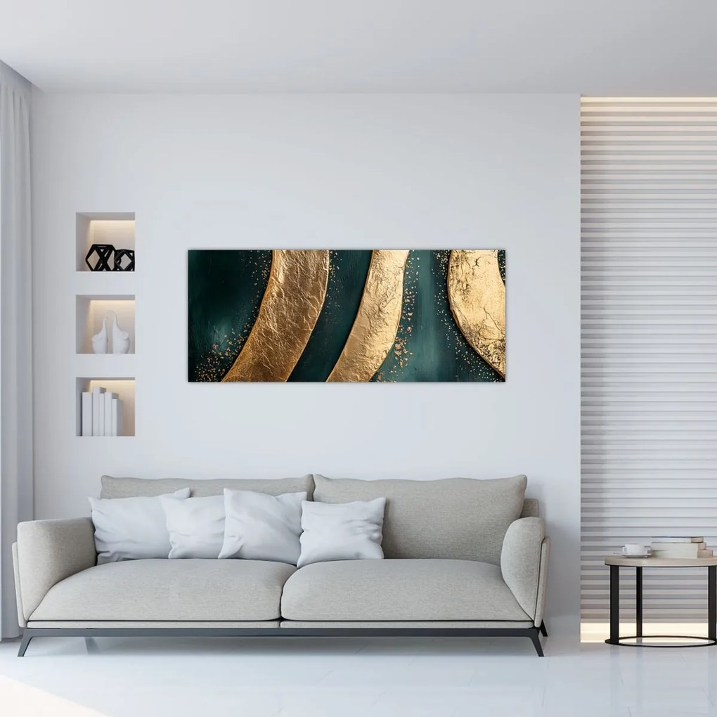 Obraz - Zelená abstrakcia so zlatom I. (120x50 cm)