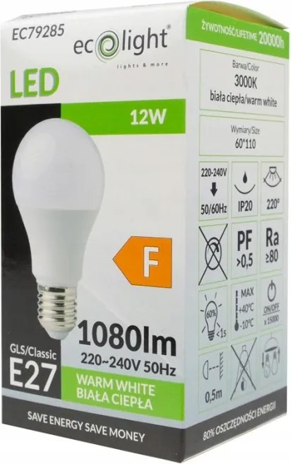 LED žiarovka E27 12W 1080lm 3000K Teplá farba svetla WW Eco Light