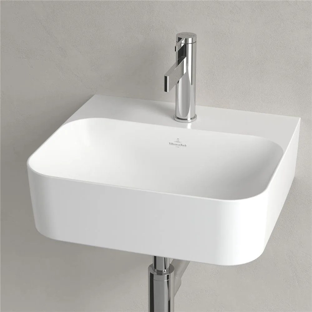 VILLEROY &amp; BOCH Finion závesné umývadielko s otvorom, so skrytým prepadom, 430 x 390 mm, Stone White, s povrchom CeramicPlus, 436444RW