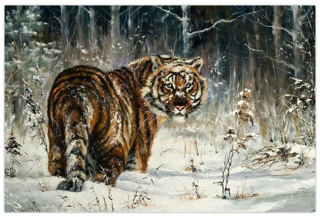 Obraz - Tiger v zasneženom lese, olejomaľba (90x60 cm)