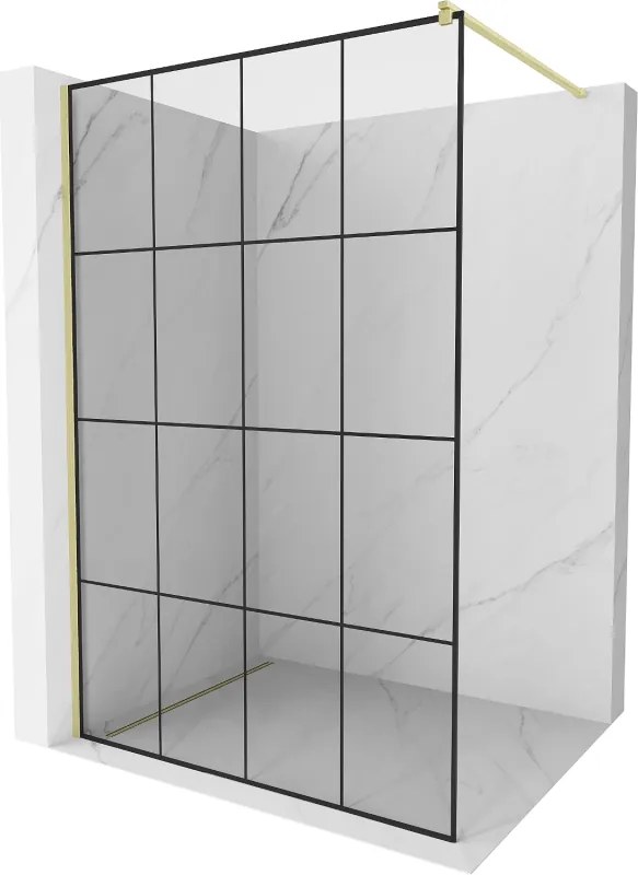 Mexen Kioto, sprchová zástena Walk-In 140 x 200 cm, 8mm číre sklo čierny vzor, zlatý matný profil, 800-140-101-55-77