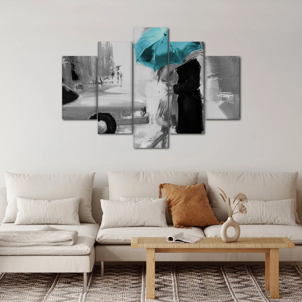 Obraz - Zamilovaný pár s dáždnikom, modrý (150x105 cm)